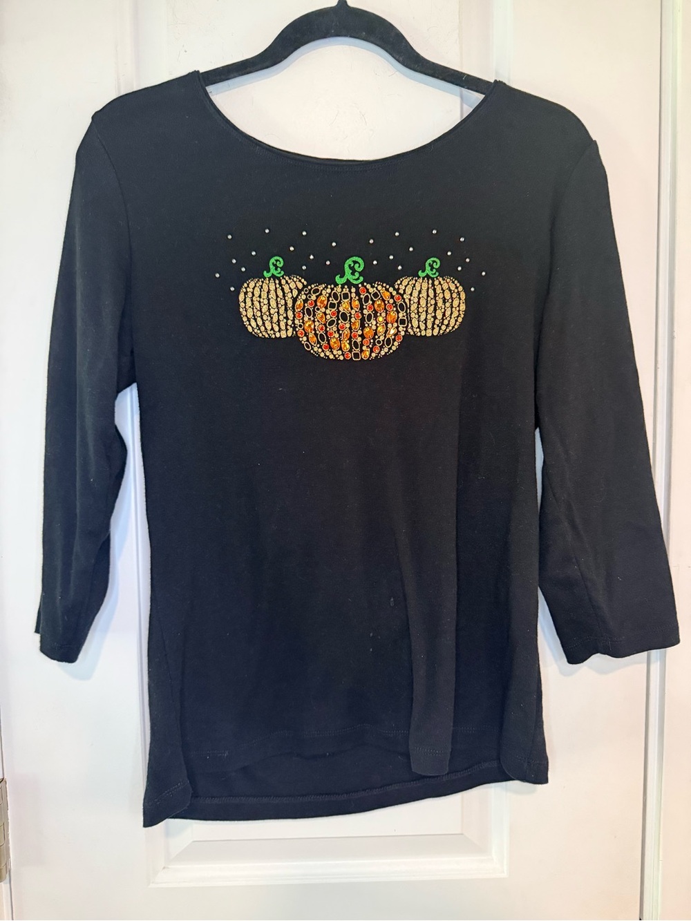 Karen Scott Embellished Pumpkin Top Medium Black Rhinestone Halloween - Picture 2 of 7